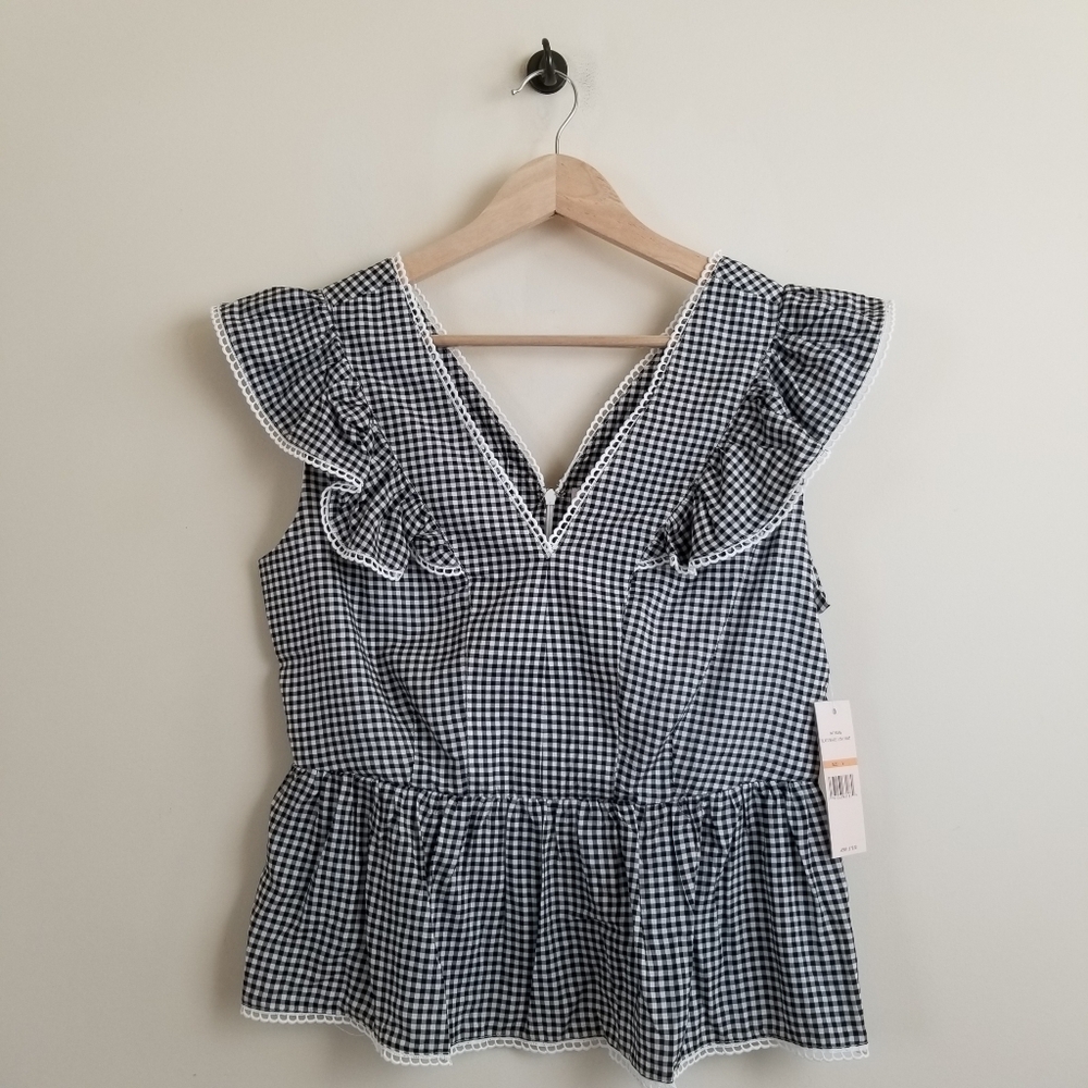 Nanette Lepore Gingham V-Neck Peplum Top Small NWT